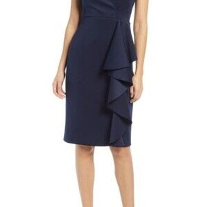 NWT ELIZA J Ruffle Sleeveless Body-con Cocktail Dress In Navy Size 14